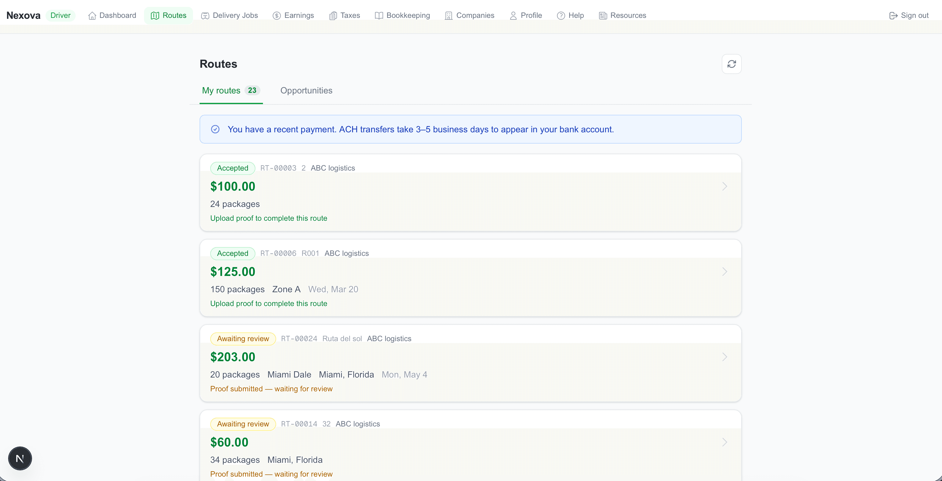 🗺 Routes — track status, earnings, and ACH payment notice